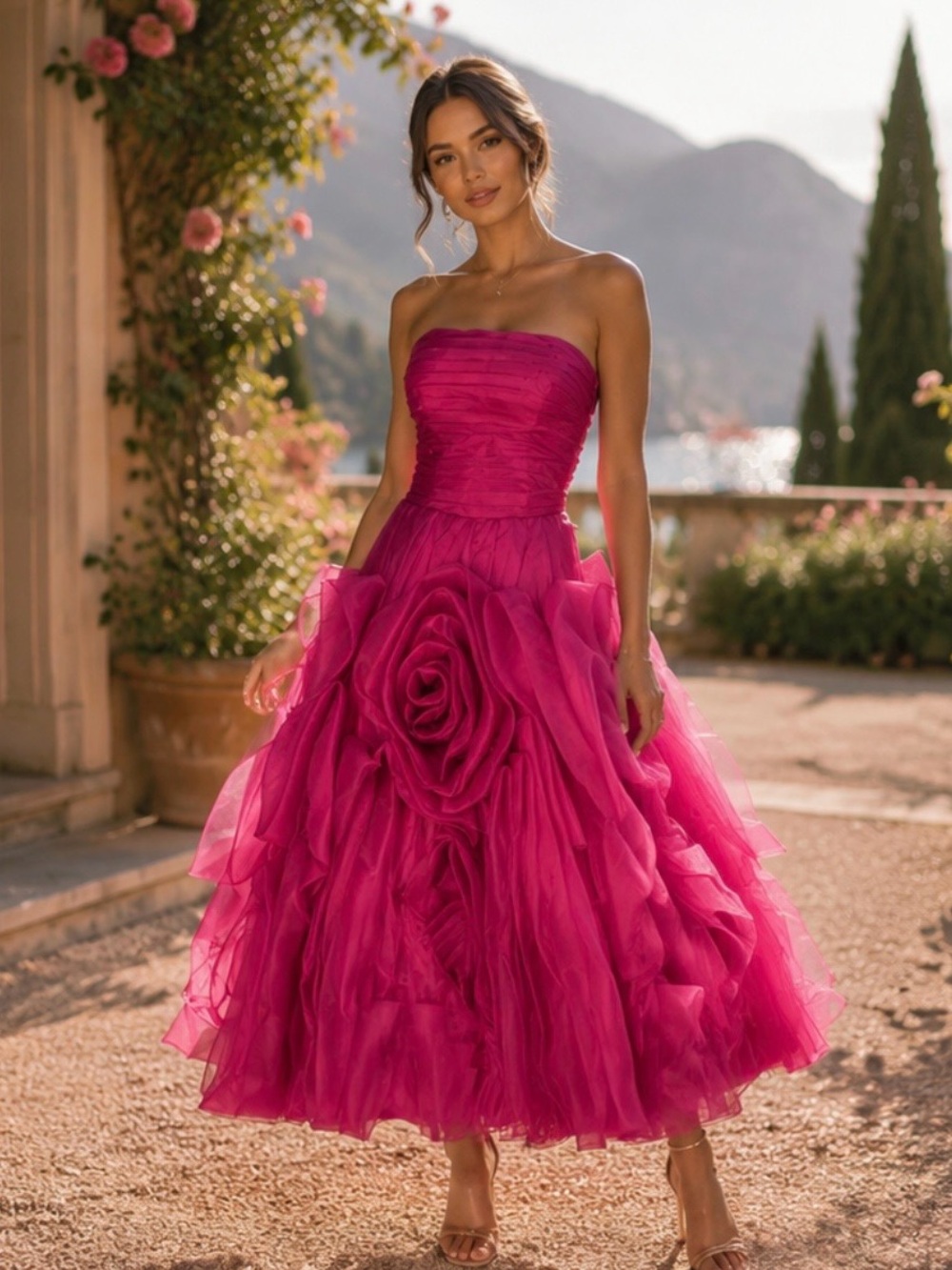 Organza Rosette Midi A-Line Strapless Gown - Picture 1 of 3